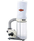 Professional Grade Heavy Duty Two HP Dust Collector Heavy Hitting Beast With Massive Twelve Inch Impeller Pumping One Thousand Five Hundred CFM Straight To Your Shop In White, featuring a large vacuum bag and hose.