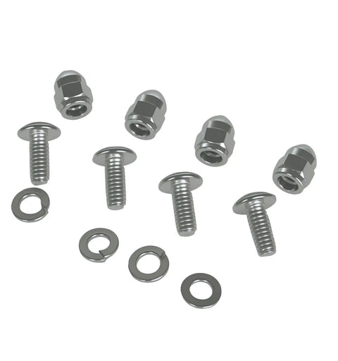 Heavy Duty Motorcycle License Plate Bolt Kit Four Piece Anti Theft Locking Nuts Vibration Proof Fastener Hardware For Harley Honda Yamaha showing zinc-coated fasteners and nylon lock nuts.