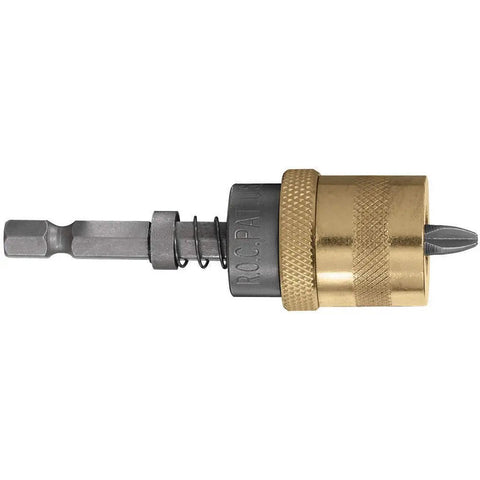 Non Magnetic Adjustable Screw Depth Setter With Hex Shank Pro Grade Tool, close-up of metal construction, side view.