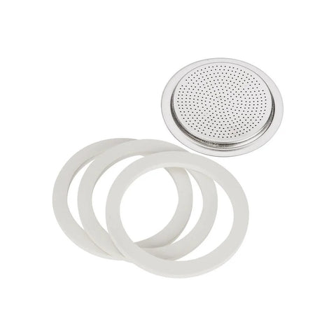 Bialetti Moka Express 6-Cup replacement filter with three white gaskets