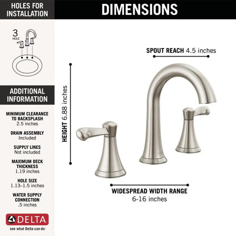 Diagram of Esato Widespread Bathroom Faucet Brushed Nickel With Drain Assembly Included 3 Hole Sink Faucet SpotShield Finish dimensions.
