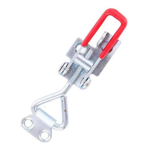 Heavy Duty Adjustable Pull Latch Clamps Set Of 2 With Lock Hole Galvanized Iron Toggle Latches for tool boxes and doors. Quick release latch, red handle.