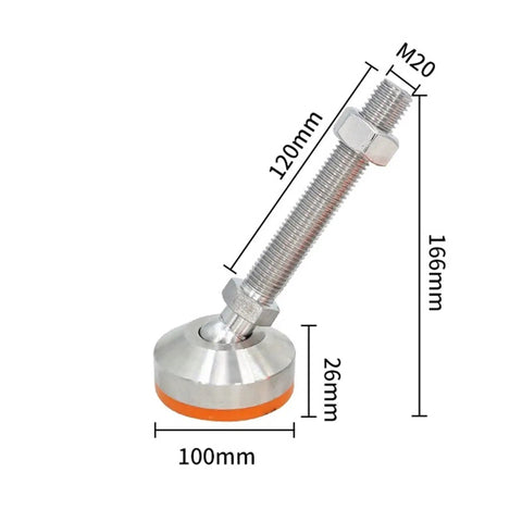 Rock Solid 304 Stainless Steel Adjustable Leveling Feet With 360 Degree Swivel And Thick Yellow Rubber Pads For Heavy Duty Workbenches Machinery And Cabinets Keeps Things Square Without The Wobble Four Pack For Quick Level Install, showing dimensions and design.