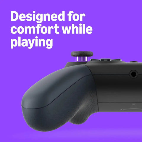 Close-up of Luna Wireless Controller handle, designed for comfort, emphasizing grip and button layout for cross-platform play.