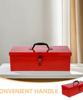 Slick Red Metal Toolbox Chest With Reinforced Carry Handle For Portable Gear Storage And Heavy Duty Tool Organization That Serves As The Ultimate Hardcore Hardware Locker, front view with convenient handle.