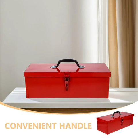 Slick Red Metal Toolbox Chest With Reinforced Carry Handle For Portable Gear Storage And Heavy Duty Tool Organization That Serves As The Ultimate Hardcore Hardware Locker, front view with convenient handle.