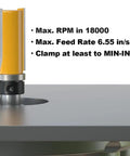 Honest To Goodness 4 Piece Flush Trim Router Bit Set With Heavy Duty Pattern Guide Bearings For Dead Smooth Wood Edge Matching And Template Trimming Built To Handle Any Workshop Job Without Breaking A Sweat mounted on a router table.