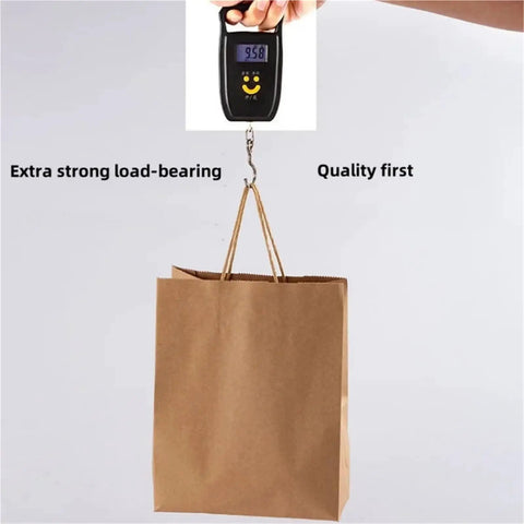 Digital scale showing weight of Thickened Kraft Brown Paper Bags 60 Pack Durable Shopping Takeout Bags for Groceries Gift Wrapping.