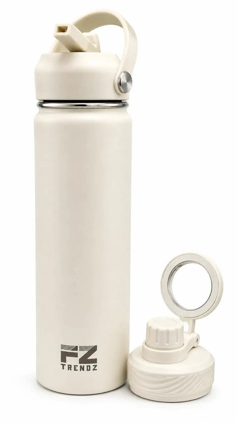 26 Oz MagSafe Water Bottle With Snap On Phone Cradle Double Wall Steel Keeps Your Hydration Icy All Day Long showing ivory color and detachable cap.