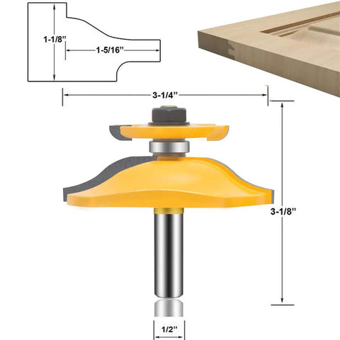 Orange 1/2 Inch Shank Router Bit Set For Cabinet Doors Featuring Round Over Ogee Raised Panel Rail And Stile Bits, detailed dimensions shown.