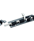 12 Piece 5 Inch Sliding Barrel Bolt Latch Kit Crafted From Heavy Duty Iron Features A Sleek Corrosion Resistant Finish That Locks Down Tight On Interior Doors Wood Gates Or Storage Shed Walls No Fuss Setup Guaranteed Knockout Quality, showing a black sliding barrel bolt latch with a silver slide.