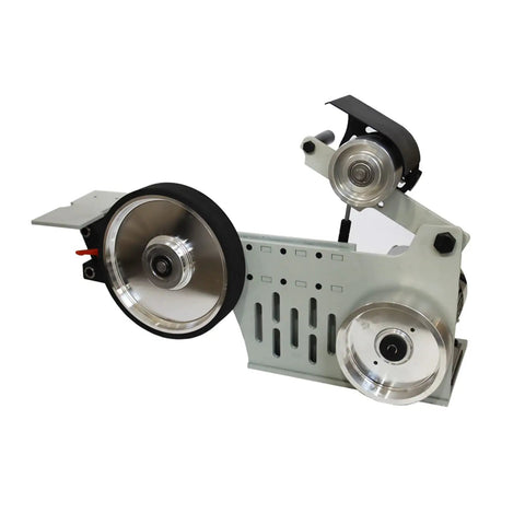 Pro Workhorse Belt Grinder And Power Sander Featuring Knockout Variable Speed Settings with large pulleys and steel framework.