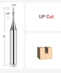 Front view of SpeTool O-flute spiral router bit, 1/4 in shank, 1/16 in cutting diameter, solid carbide, upcut
