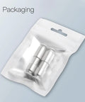 Front view of two silver metal aquarium check valves in white packaging