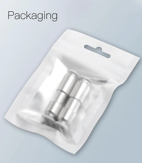 Front view of two silver metal aquarium check valves in white packaging