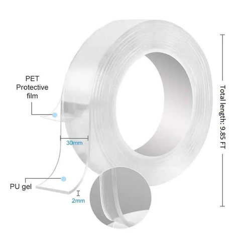 Removable Nano Gel Tape 2mm Thick, Heavy Duty Double Sided Traceless Adhesive For Walls, 9.85 Feet Long roll and diagram details