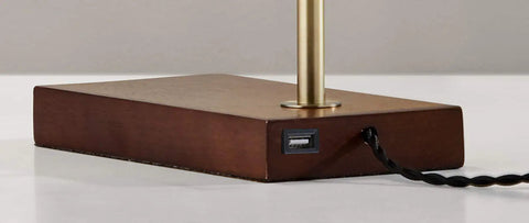 Base of Barrett LED Desk Lamp with USB port, walnut wood finish, brass accent, streamlined design for modern home offices.
