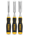 Pro Grade 3 Piece Wood Chisel Set With Tempered Carbon Steel Blades Lacquered For Rust Resistance, with comfy grips and reinforced caps.