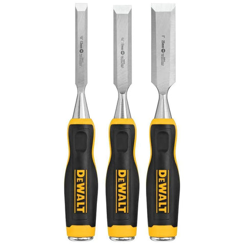 Pro Grade 3 Piece Wood Chisel Set With Tempered Carbon Steel Blades Lacquered For Rust Resistance, with comfy grips and reinforced caps.