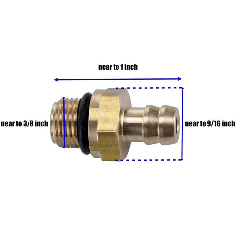 Front view of brass chemical injector fitting for pressure washer with O-ring and threaded end.