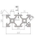 Technical drawing of Two Pack 500mm V Slot 2040 Aluminum Extrusion European Standard Anodized Linear Rail for 3D Printers and CNC DIY.