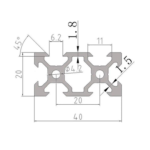 Technical drawing of the Five Pack 78.7 Inch V Slot 2040 Aluminum Extrusion with specifications and measurements.