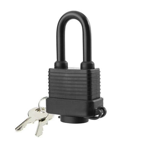 Waterproof Padlocks Keyed Alike for Outdoor Use, Heavy Duty Laminated Steel Lock, 1-9/16 Inch Wide, with keys shown