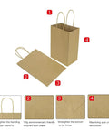 Brown Kraft Paper Bags With Handles 5.25x3.25x8 Inches, 100 Pack Bulk Small Gift Bags shown with construction details