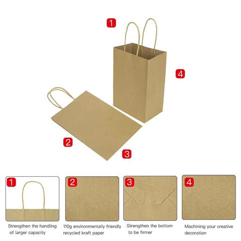 Brown Kraft Paper Bags With Handles 5.25x3.25x8 Inches, 100 Pack Bulk Small Gift Bags shown with construction details