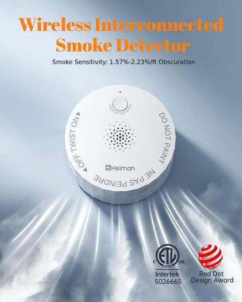 Keep Your Home Hella Safe With This Ultra Compact Wireless Interconnected Smoke Detector Featuring A Ten Year Battery Life And Seamless RF Linked Alerts For Quick Whole House Protection, showing a round white body smoke detector.