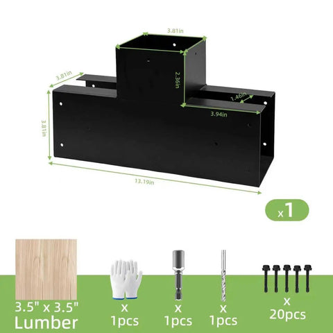 Three Way T Shaped Pergola Bracket Kit For Wood Beams 3.5 By 3.5 Inches Outdoor Gazebos Patios And Log Cabins Beefy Heavy Duty Galvanized Steel With 0.98 Inch Slot For Easy Wood Insertion 1 Pack showing dimensions and included components like lumber, gloves, drill bit, and screws.