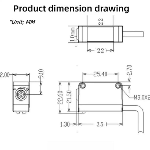 Dimension drawing for Photoelectric Sensor NPN Output Proximity Switch With Diffuse Reflection, 2mm Spot, 400mm Detect Range