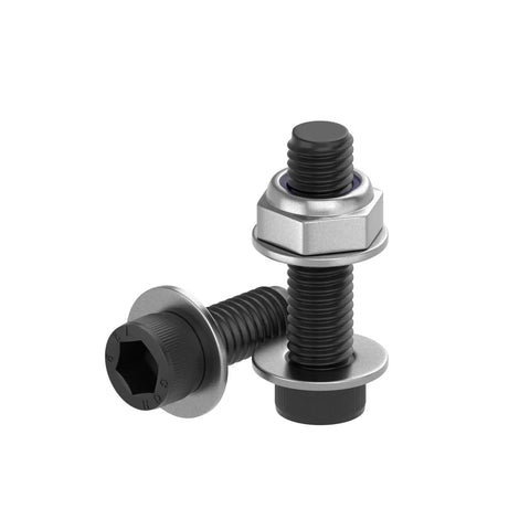 Close-up of steel bolts, washers, and nuts from Bottom Mount Racing Seat Hardware Kit With Nuts Bolts And Washers For Quick Easy Sliders Mounting And Seat Brackets Durable Steel Construction Includes Premium Hardware Assortment For Car Racing Seat Installations.
