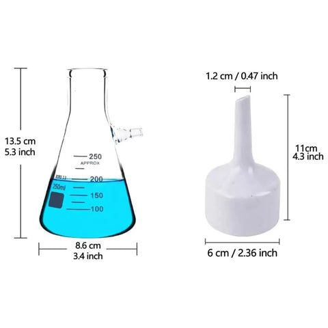 Beast Lab Vacuum Filtration Kit With Pump Buchner Funnel Filtering Flask Filter Papers Rubber Tubing And Stopper 250 Ml Distillation And Filtration Apparatus For Precise Vacuum Filtration, showing dimensions of glass filter flask and Buchner funnel.