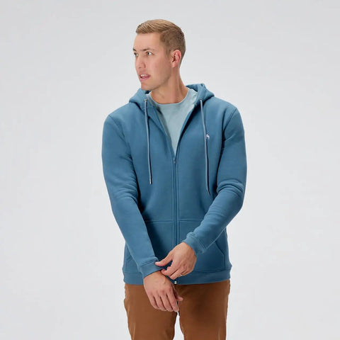 Man wearing Tall Length Full Zip Fleece Hoodie For Men With Slim Tall Tailored Fit Midweight Comfort Soft Fleece Lining Durable Long Lasting Jacket