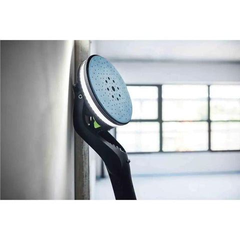 Close-up of PLANEX LHS 2 225 EQI Plus Drywall Sander With LED Ring Light arm against wall for smooth finish
