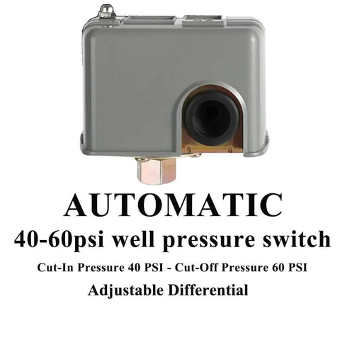 Front view of Well Pump Pressure Switch 40-60 PSI Adjustable Differential 1/4 Inch NPT Automatic Grey
