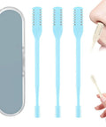 360 Degree Rotating Nose And Ear Groomer 2 In 1 Nasal Hair Cutter with Dual Blades, blue set shown with case and usage demo