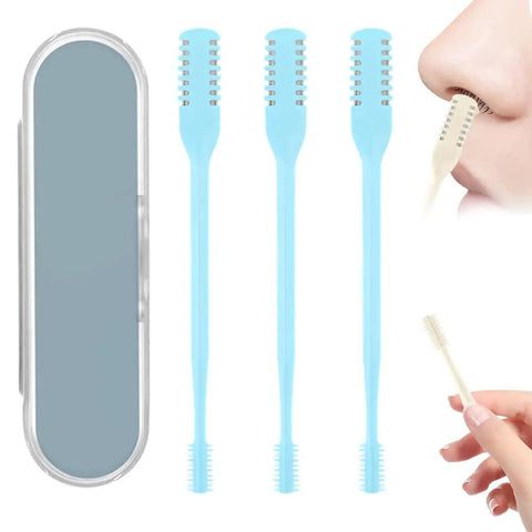 360 Degree Rotating Nose And Ear Groomer 2 In 1 Nasal Hair Cutter with Dual Blades, blue set shown with case and usage demo