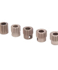 Close-up of five steel sprockets on white background, for use with Electric Bike Chain Steel 420 106 Links Premium Cycling Chain.