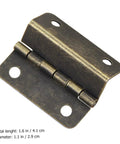 Three-fold right-angle hinge for wooden boxes; bronze finish, front view with screw holes