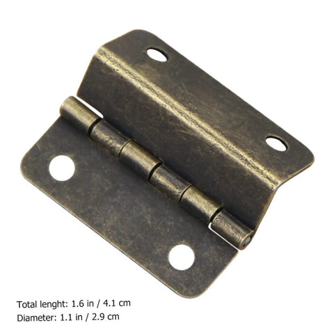 Three-fold right-angle hinge for wooden boxes; bronze finish, front view with screw holes