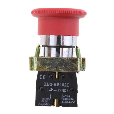 Front view of Mushroom Head Emergency Stop Push Button Assembly 22mm Turn To Release, Normally Closed Latching Rotary Stop Button