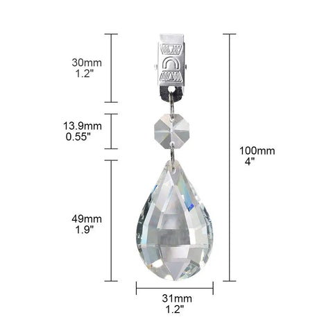 Marquise Crystal Teardrop Tablecloth Weights with Stainless Clip, 100mm length, measurements included, for outdoor use.