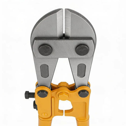 Close-up of Heavy Duty 30 Inch Bolt Cutter With Ergonomic Non-Slip Handle, Cuts Padlocks, Chains, Locks, Hardened Steel Jaws visible