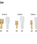 Premium 120-Piece Spade Connector Kit With Secure Copper Wire Terminals For Autos And Appliances. Easy Crimp Design In 2.8mm, 4.8mm, And 6.3mm Sizes To Keep Your Audio Or Electrical Systems Rocking Smoothly Every Single Day Without Any Hiccups Or. 6.3mm, 4.8mm, 2.8mm copper spade connectors