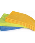 Stack of blue, green, and yellow microfiber cloths, 12x16 inch, pro grade polishing rags. Microfiber Detailer Cloth 12 Pack 12 By 16 Inch Ultra Absorbent Pro Grade Polishing Rags For Car Detailing 80 Percent Polyester 20 Percent Polyamide Includes Blue Green Yellow Colors