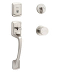 Prague Front Door Lock Handle And Deadbolt Set With Satin Nickel Finish, showing exterior handleset and interior knob.
