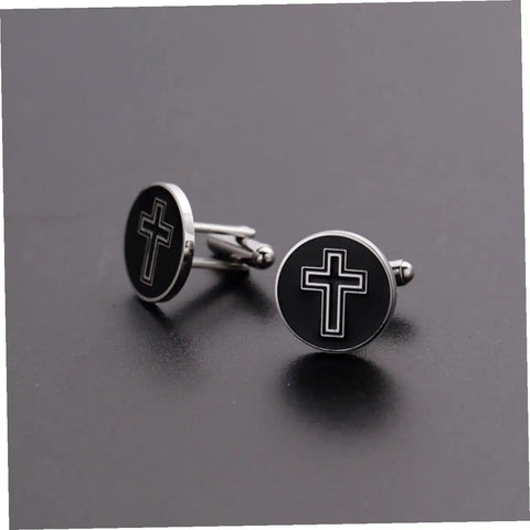 Men's Black Titanium Steel Cross Cufflinks Polished Shirt Fasteners For Formal And Casual Wear Go To Accessory With Elegant Religious Style