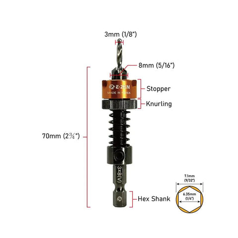 Depth Adjustable Countersink Drill Bit With Tool Free Depth Adjustment And Knurled Lock Collar Set, showing dimensions and features.